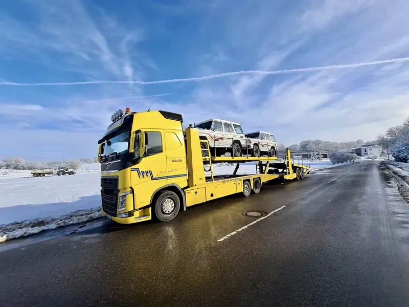Car transporter on a winter motorway